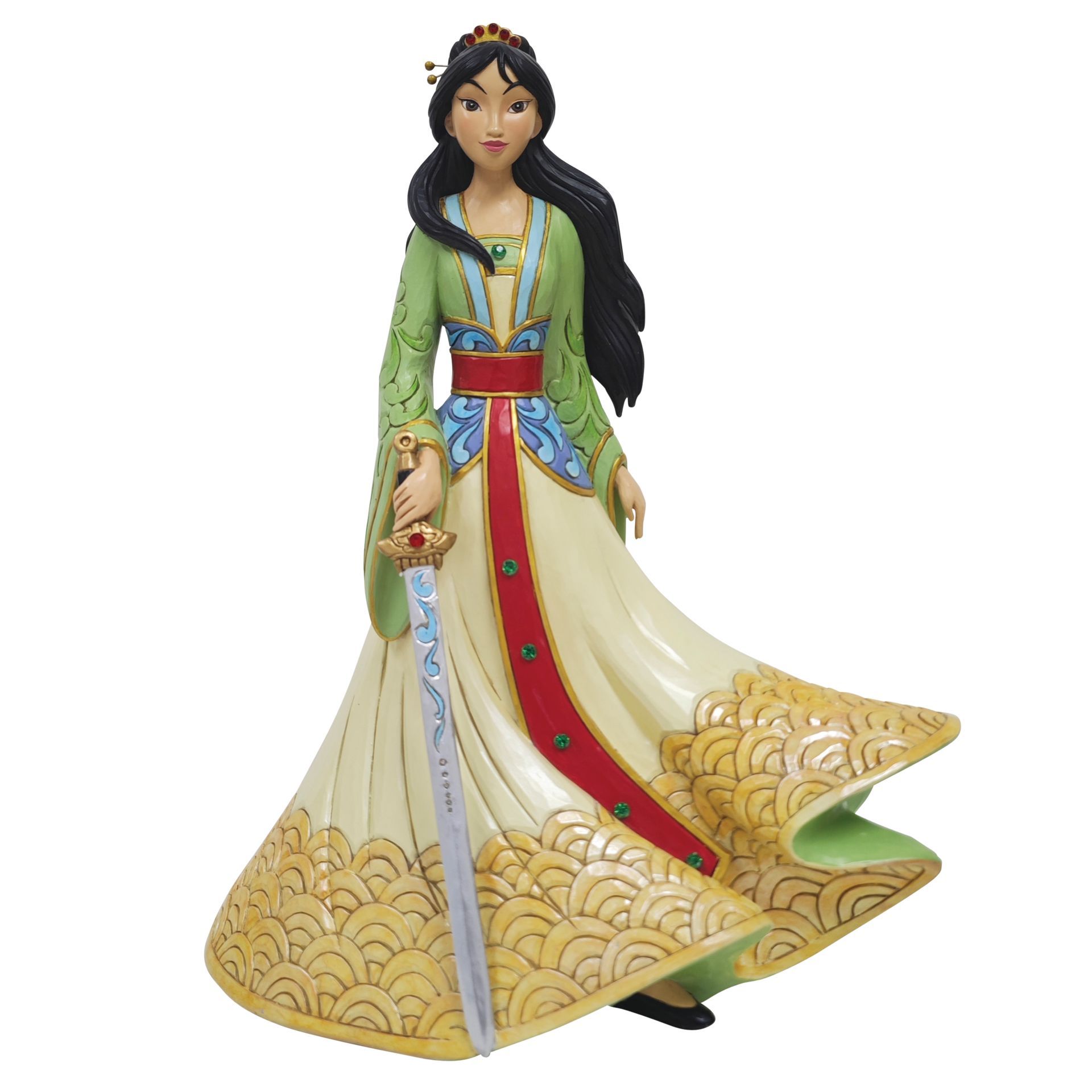 Mulan-beeldje in een zwierige jurk, met een zwaard in de hand, in groene en gouden kleuren.