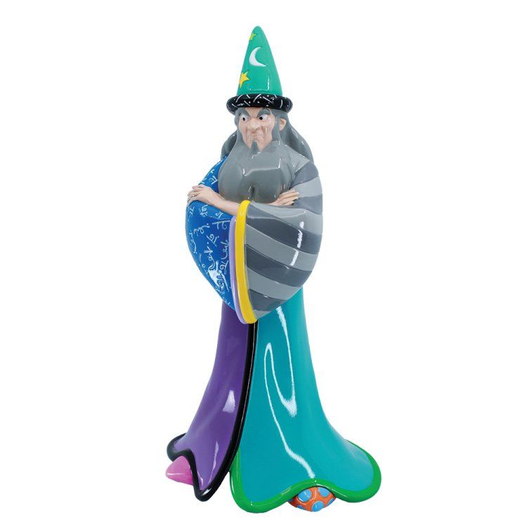 Tovenaarsfiguurtje met groene hoed, gekruiste armen, kleurrijke gewaden en een lange grijze baard.