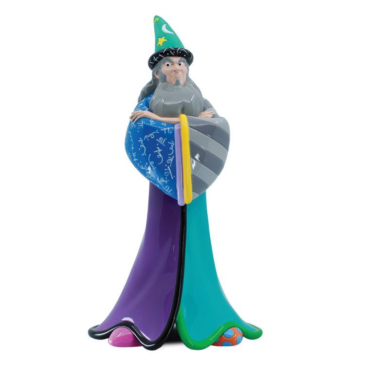 Tovenaarsfiguur met groene hoed, blauw-paarse gewaden en schild.