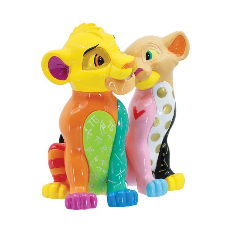 Kleurrijke, gestileerde beeldjes van Simba en Nala, dicht bij elkaar.
