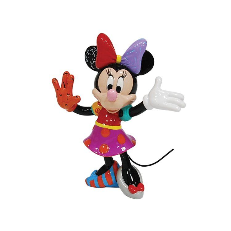 Minnie Mouse-figuurtje met kleurrijke strik, jurk en schoenen; armen uitgestrekt in een verwelkomend gebaar.