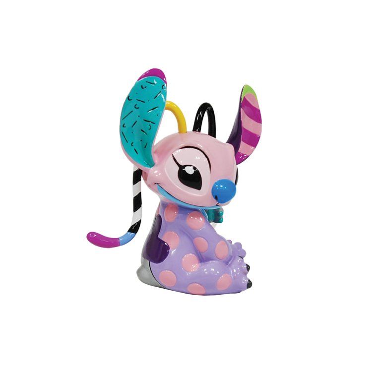 Kleurrijk engeltje uit Disney's Lilo & Stitch, met roze en paarse stippen, zittend en met een ondeugende uitdrukking.