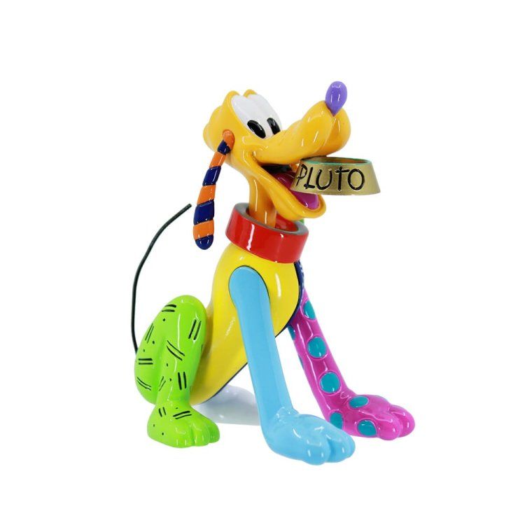 Pluto-beeldje, geel lichaam, kleurrijke ledematen, met een kommetje waarop de naam 