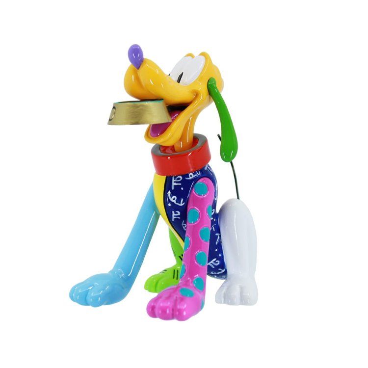 Kleurrijk Pluto-beeldje, geel lichaam, blauwe en roze ledematen, rode halsband, met een gouden kom in zijn hand.