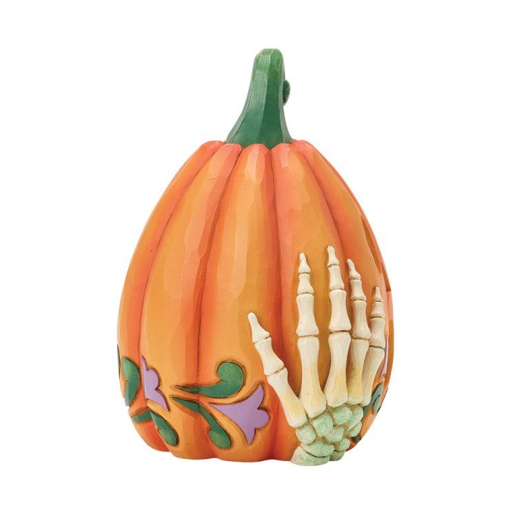 Oranje pompoenbeeldje met een uitgestrekte skelettenhand, een groene steel en paarsgroene krullen.
