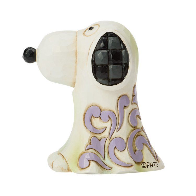 Snoopy spookfiguurtje, wit met paarse krulversiering, zwarte ogen en neus.