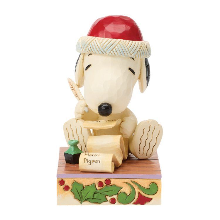 Snoopy met kerstmuts schrijft een brief, Woodstock kijkt toe. Feestelijke sokkel met hulst en een rol tekst 