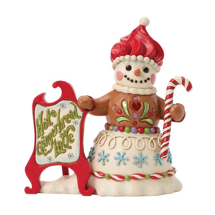 Een beeldje van een peperkoeksneeuwpop met een zuurstok en een bordje met de tekst 