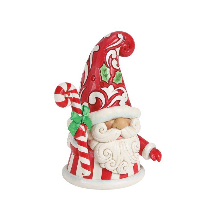 Kerstkabouter met een rood-wit gestreept pakje, die een zuurstok vasthoudt.