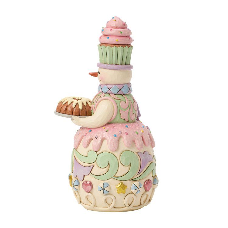 Sneeuwpopfiguurtje met opgestapelde cupcakes, die een taart vasthoudt, in pastelkleuren.