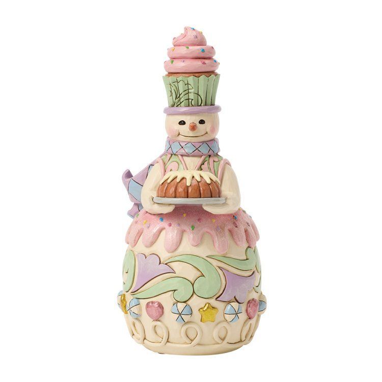 Sneeuwpop met tulbandcake en een cupcakehoedje op. Pastelkleuren, speelse stijl.