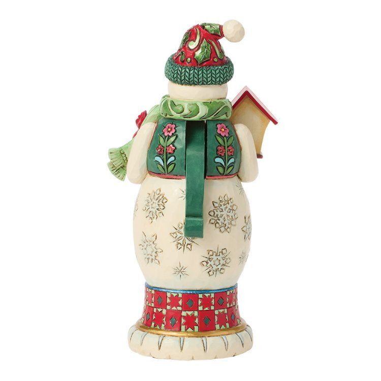 Sneeuwpopfiguurtje met hoed, sjaal en vest, en een vogelhuisje in zijn handen. Kleuren: groen, rood en crème.