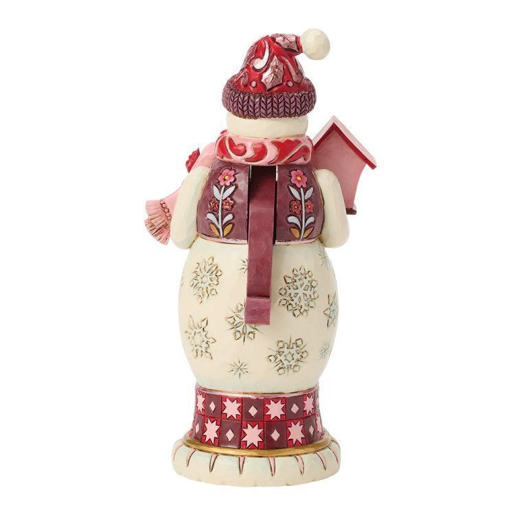 Feestelijk sneeuwpoppetje met rode en roze accenten, met muts, sjaal en vest, en een vogelhuisje in zijn handen.