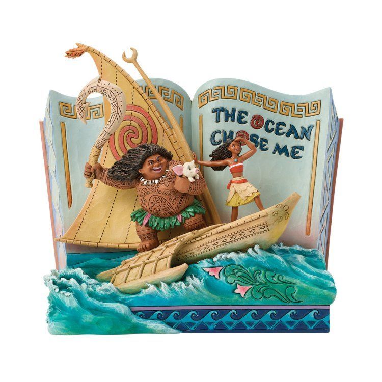 Een scène uit het Moana-verhaal met Maui en Moana in een boot op een golf, met de tekst: