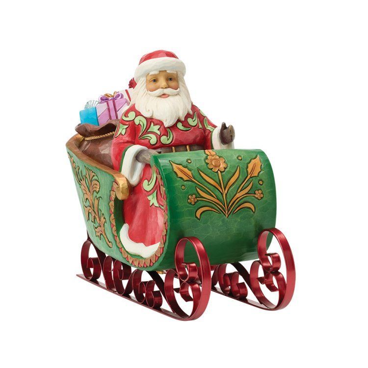 De Kerstman in een groene slee met cadeaus, in een rood pak, met een witte baard, bruine slee-slederen en gouden accenten.