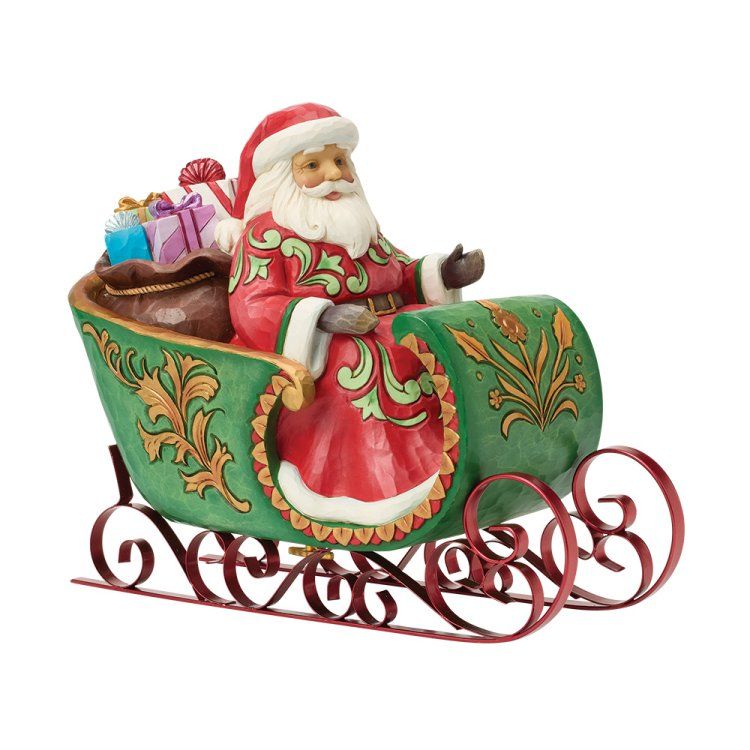 De Kerstman in een groene slee met cadeaus, in een rood pak, met een witte baard, bruine slee-slederen en gouden accenten.