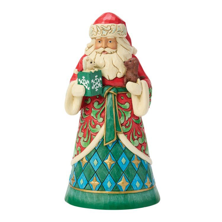 Een kerstmanfiguur in een rode jas houdt cadeautjes en een teddybeer vast. Decoratieve details in groen en blauw.