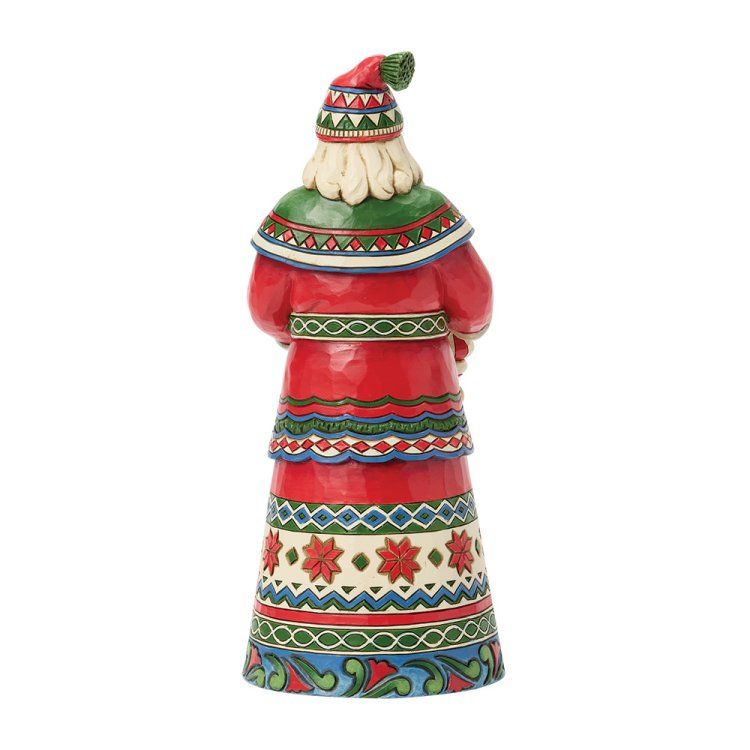 Achteraanzicht van een rood-groen kerstmanfiguurtje met patroonkleding.