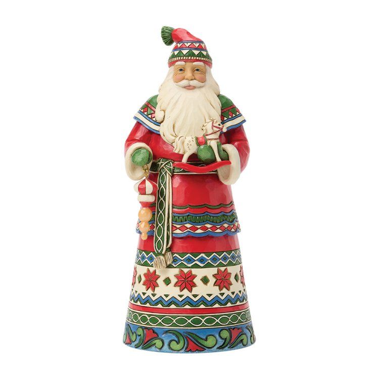 Feestelijke kerstmanfiguur in rood en groen, met een dienblad vol kerstversieringen.