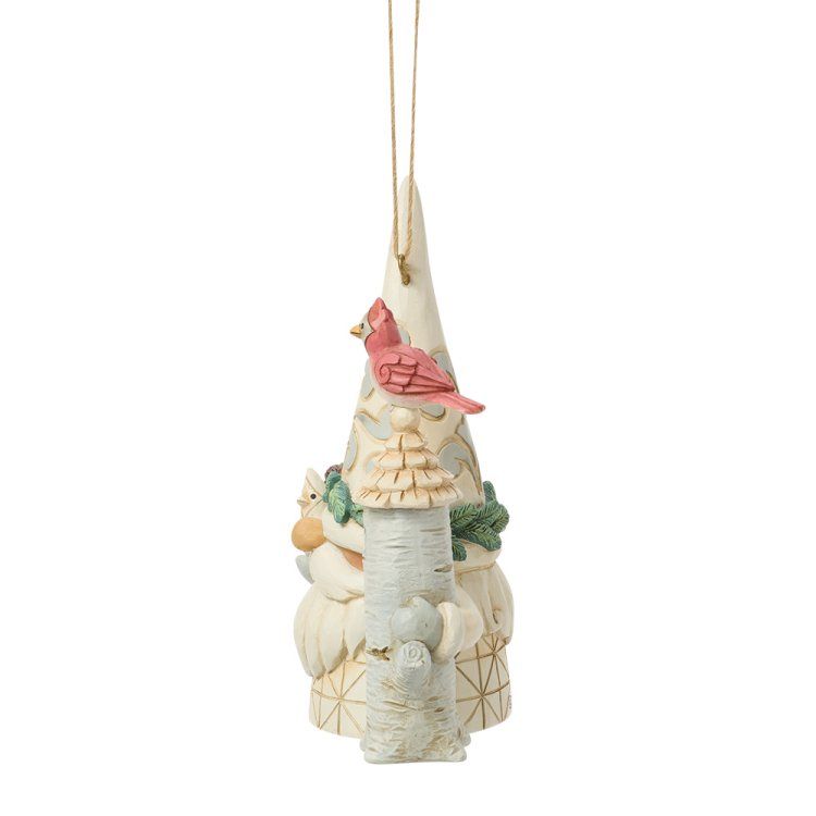 Decoratie: Kabouter met een vogel op een met sneeuw bedekte constructie, met een hangend touwtje.