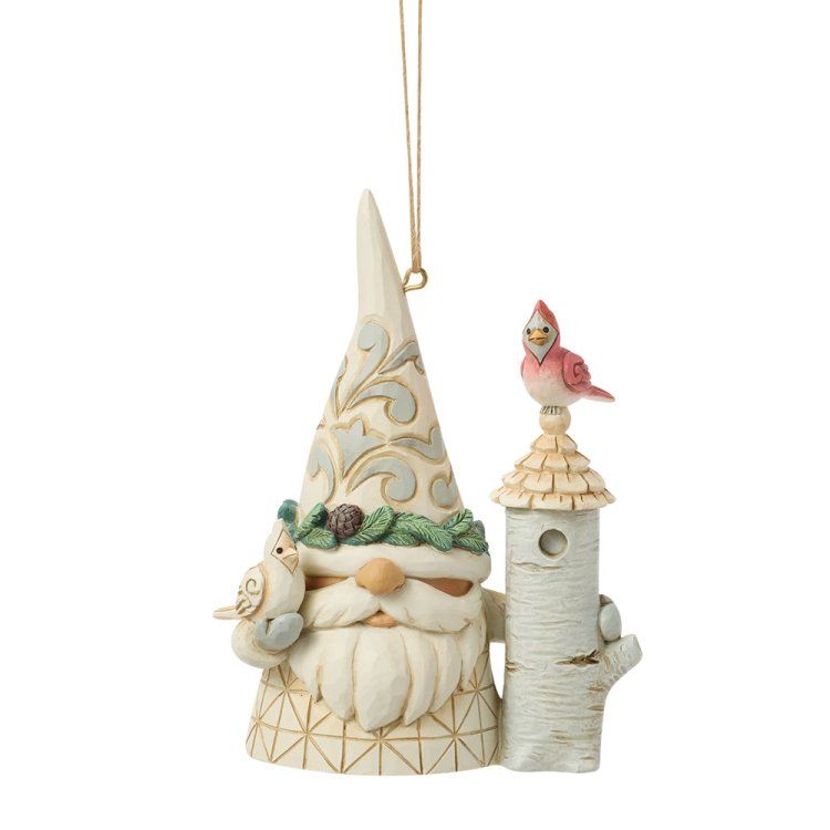 Decoratie: Kabouter met een vogel op een met sneeuw bedekte constructie, met een hangend touwtje.