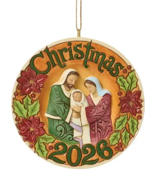 Kerstornament 2026: Geboorte van Christus, Jozef, Maria, kindje Jezus, kerststerren, rond ontwerp.
