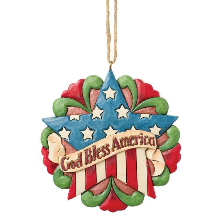 Stervormig ornament met een ontwerp van de Amerikaanse vlag, een banner met de tekst 