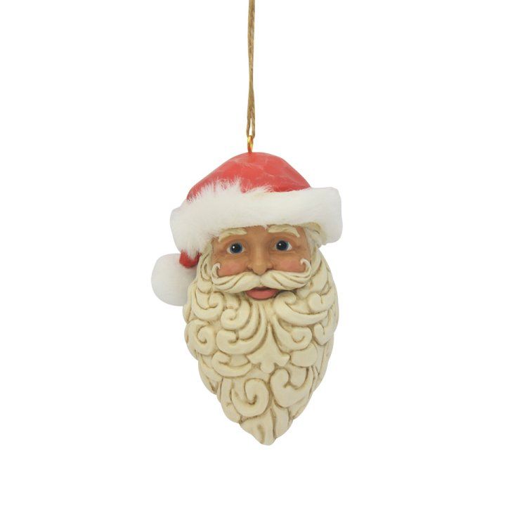 Kerstornament in de vorm van een kerstmanhoofd, met rode muts en krullende witte baard, hangend aan een touwtje.