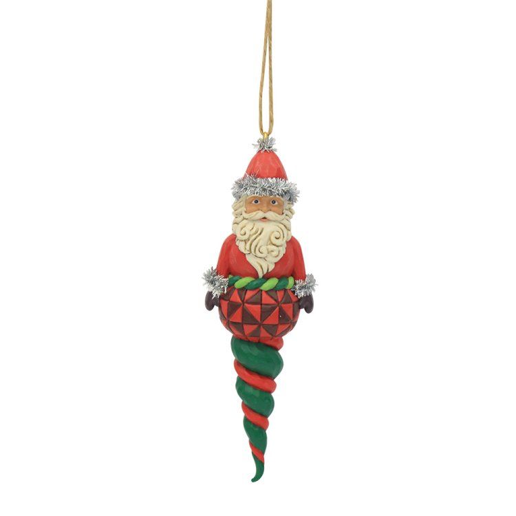Kerstornament van de Kerstman met rode muts, baard en een spiraalvormige groene en rode voet.
