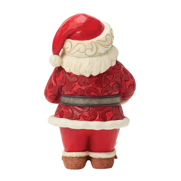 Achteraanzicht van een kerstmanfiguur in een rood pak met sierlijke details en een witte baard.