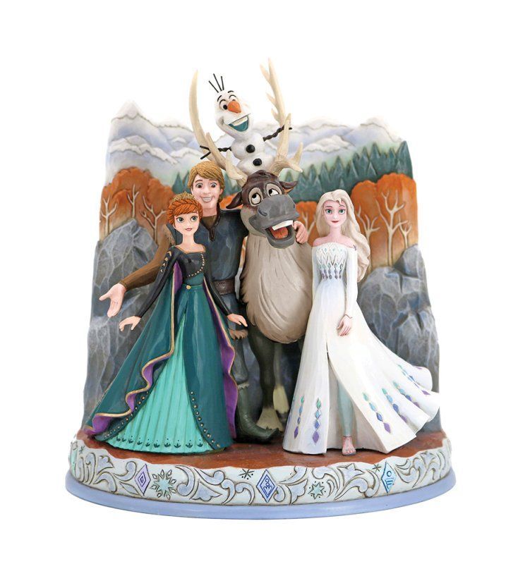 Frozen-figuurtjes: Anna, Elsa, Kristoff, Olaf en Sven, in een winterlandschap.