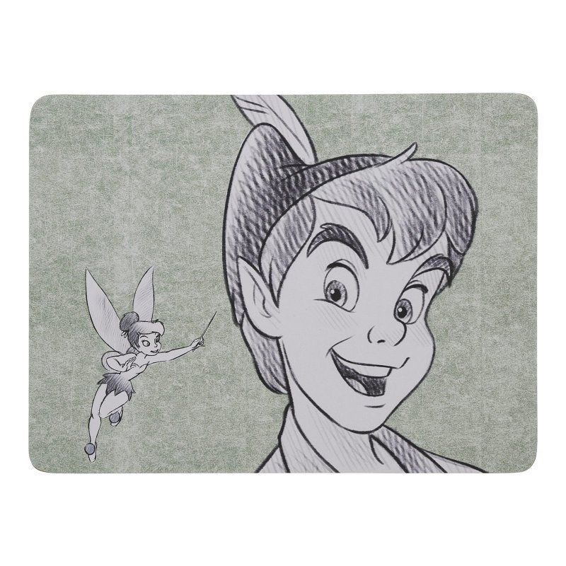 Een cartoontekening van Peter Pan en Tinkerbell, getekend met potlood op een groen gespikkelde achtergrond.