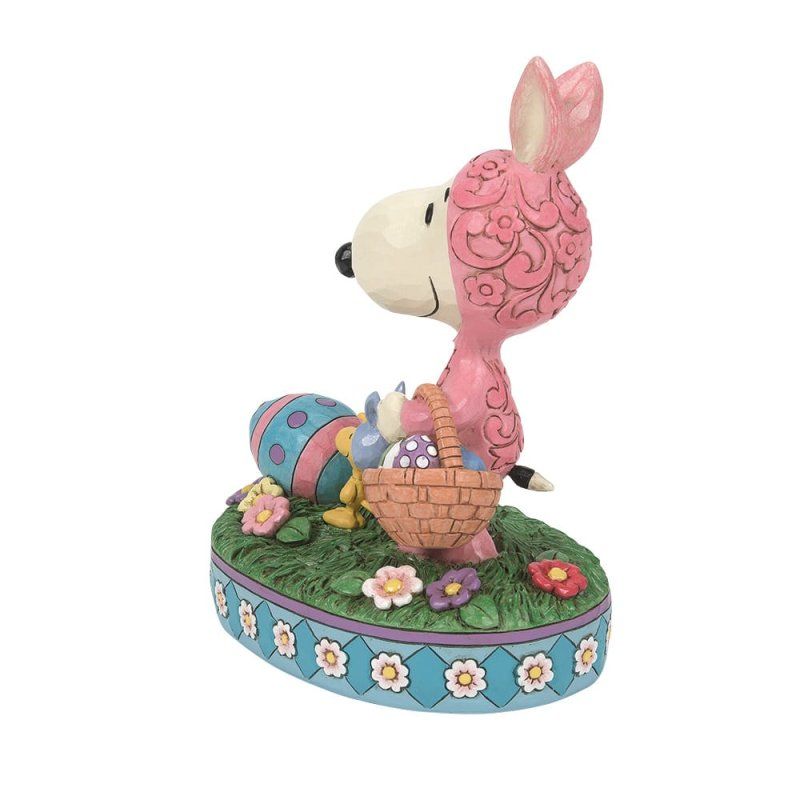 Snoopy in een roze konijnenpak, Woodstock en paaseieren in een mandje.