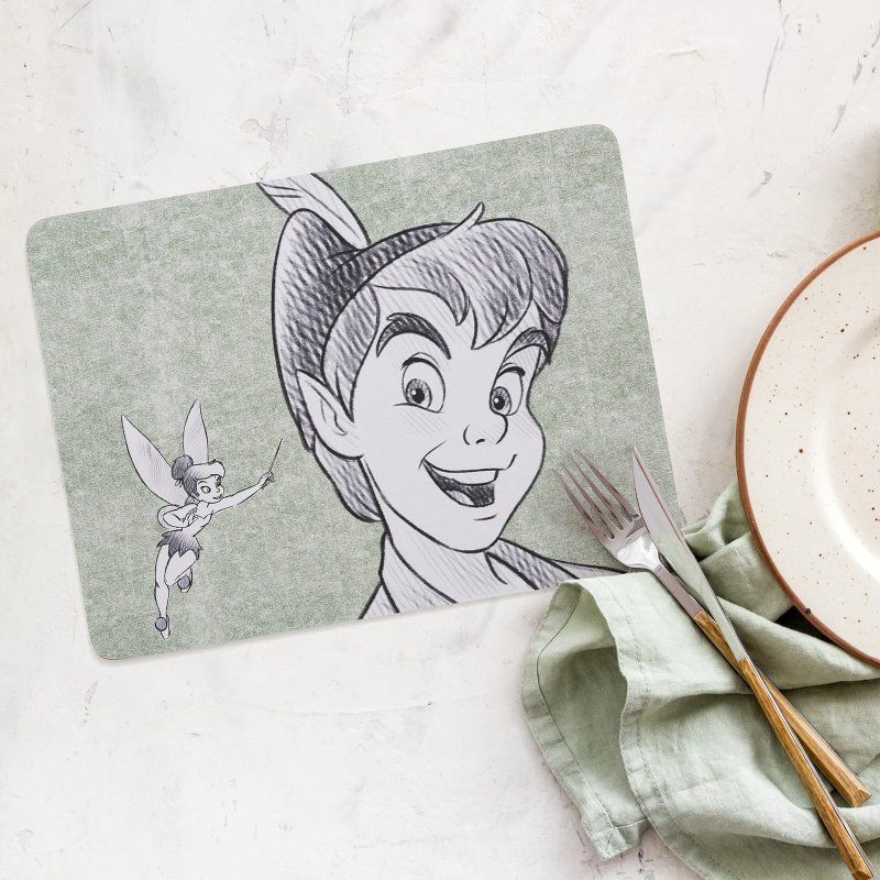 Een kunstwerk van Peter Pan in een doos met Tinkerbell. Groene achtergrond.