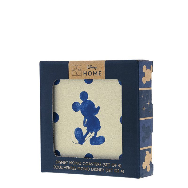 Doos met Disney Mickey Mouse onderzetters, blauw silhouet op een achtergrond met stippen.
