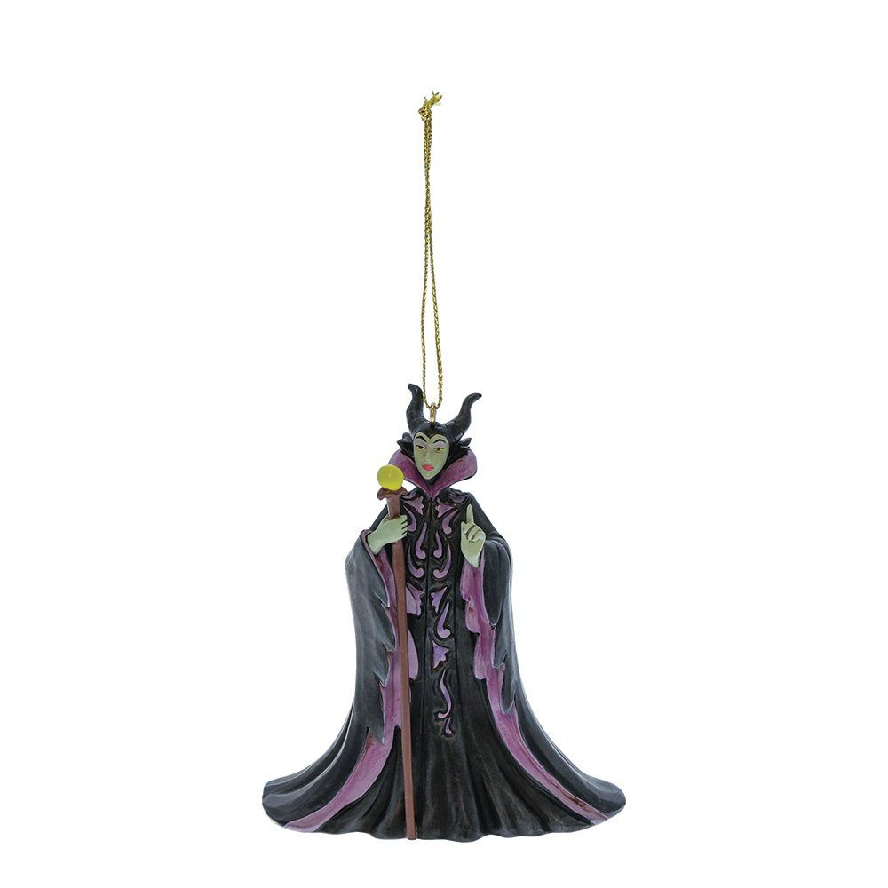 Ornament in de stijl van Maleficent, met een zwart-paarse jurk en een staf met geel licht. Gouden koord om op te hangen.