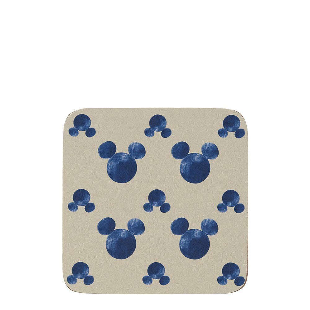 Doos met Disney Mickey Mouse onderzetters, blauw silhouet op een achtergrond met stippen.