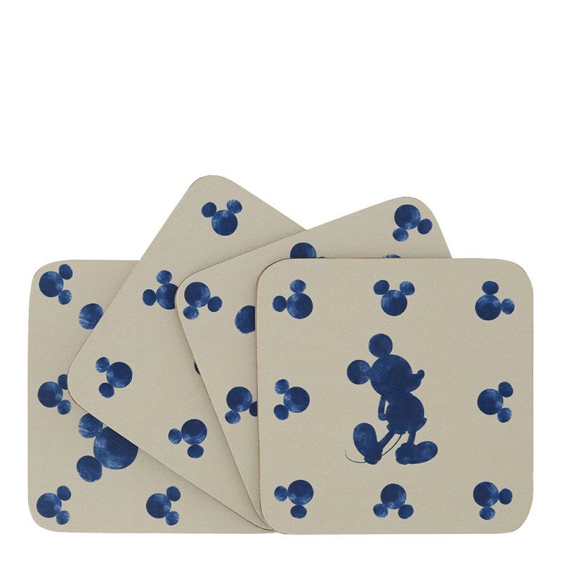 Set van vier vierkante onderzetters met een Mickey Mouse-print in blauw en beige.