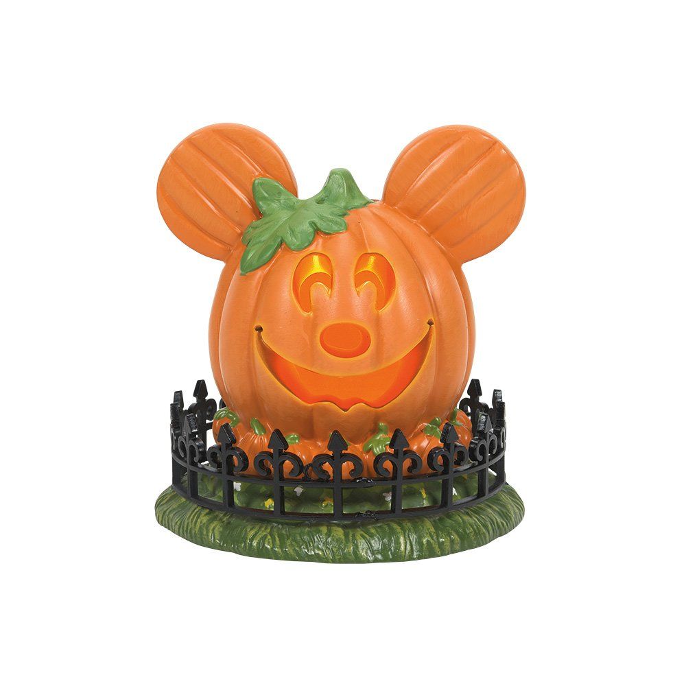 Een Disney Mickey Mouse pompoen met oplichtend gezicht, oren en pompoenen, omringd door een zwart hek.