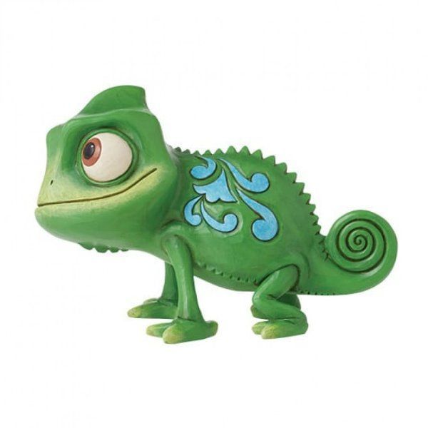 Groene kameleonfiguur met grote ogen, blauwe accenten en een gekrulde staart.