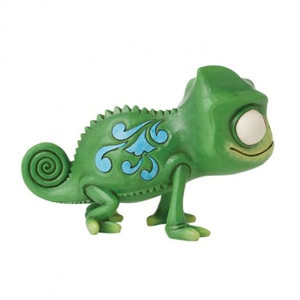 Groene kameleonfiguur met blauw bloemmotief, spiraalvormige staart en groot wit oog.