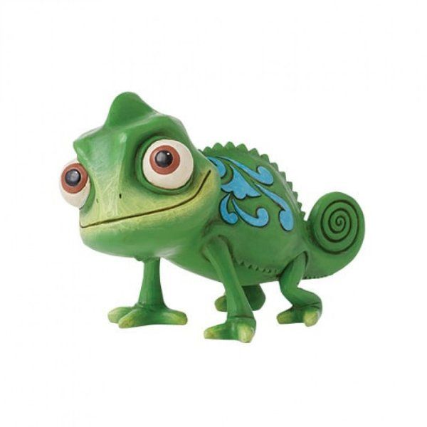 Groene kameleonfiguur met grote ogen, blauwe accenten en een gekrulde staart.