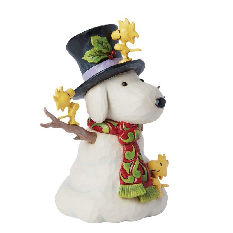 Snoopy-sneeuwpopfiguurtje met hoge hoed, Woodstock-logo, groene sjaal en stokarmen.