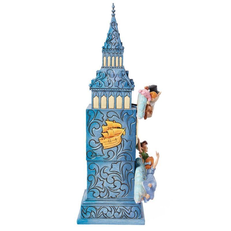 Blauwe torenfiguur met klimmende figuren, die op een klokkentoren lijkt.