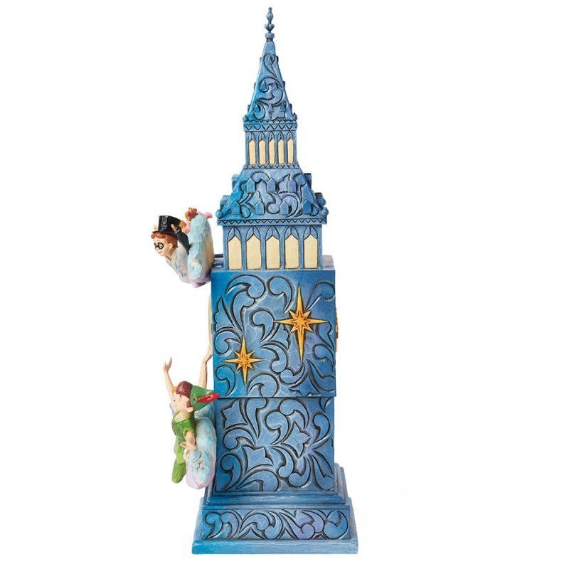 Een klokkentorenfiguur met Peter Pan, Wendy en Tinkerbell die vliegen. In blauwe en gouden tinten.