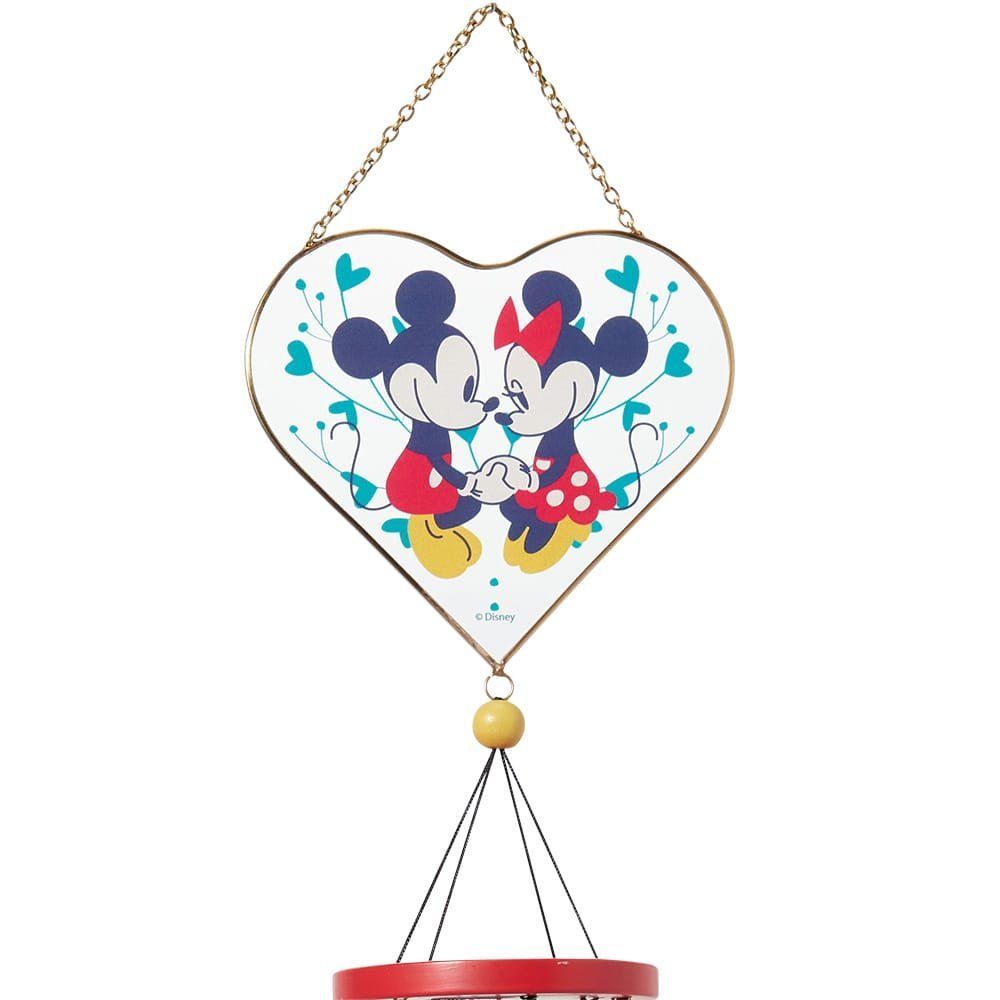 Windgong met hartjes van Mickey en Minnie Mouse, gouden buisjes en een turquoise hartje aan de onderkant.