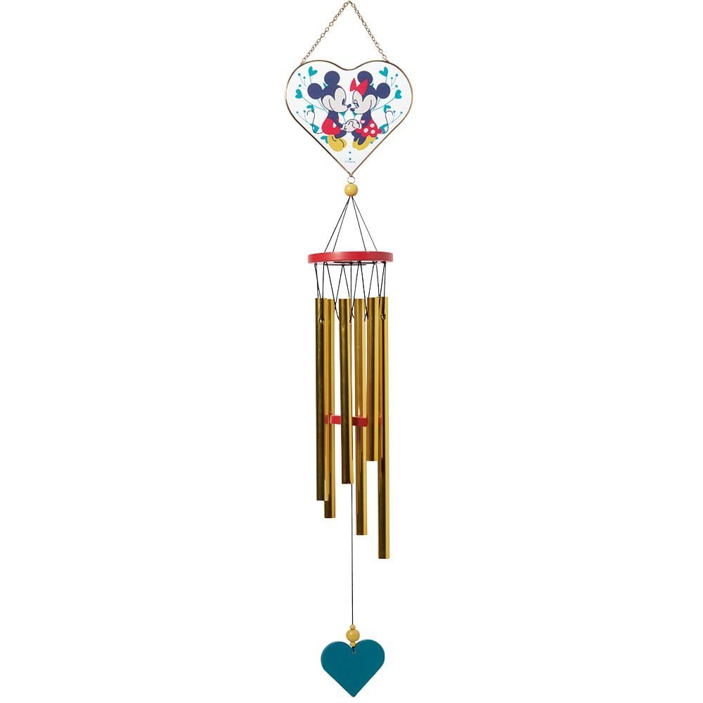 Windgong met hartjes van Mickey en Minnie Mouse, gouden buisjes en een turquoise hartje aan de onderkant.