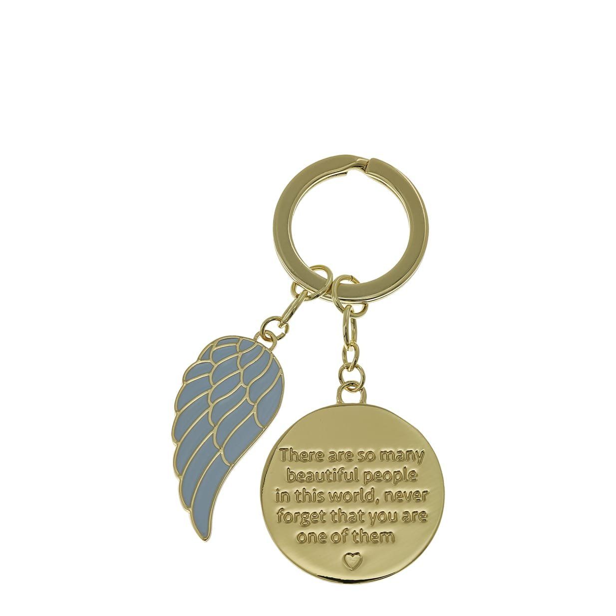 Sleutelhangertje in een blauwe doos met een engeltje, een vleugelbedeltje en een rond bedeltje met een inspirerende quote.
