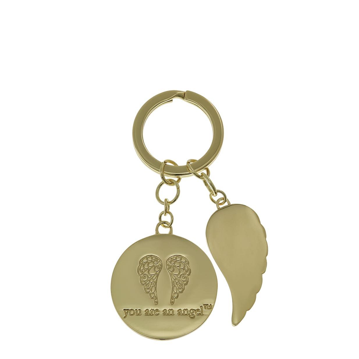 Gouden sleutelhanger met engelenvleugels en een schijfje waarop staat: