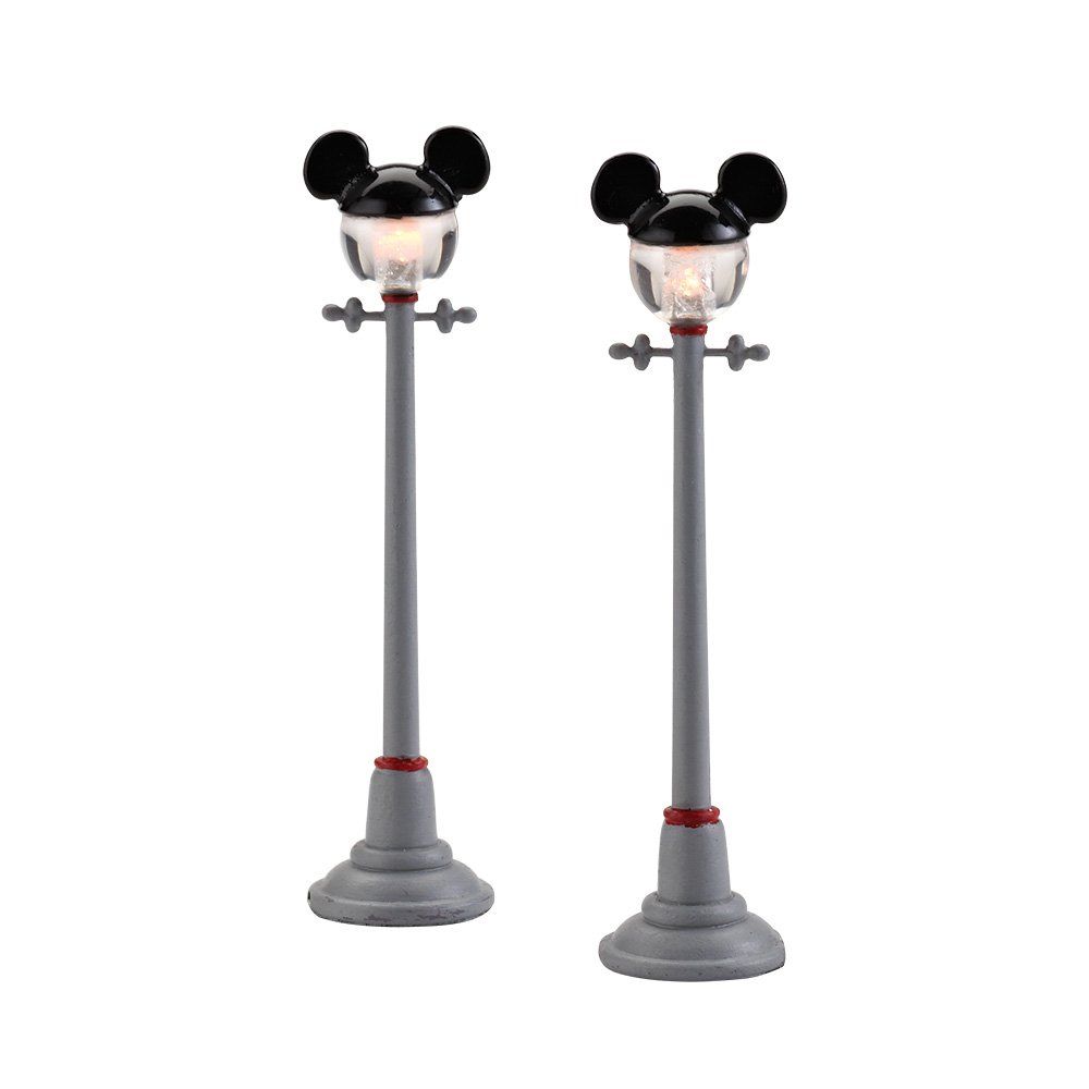 Twee grijze straatlantaarns in de vorm van Mickey Mouse met rode accenten, geplaatst tegen een witte achtergrond.